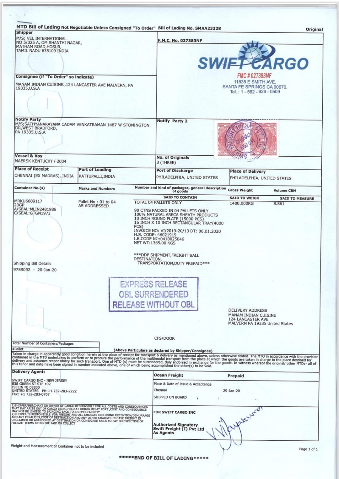 Swift Cargo logistics partner certificate